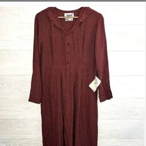 New FLAX red and mustard check  NWT.,  Cottagecore Midi  Dress , S NWOT